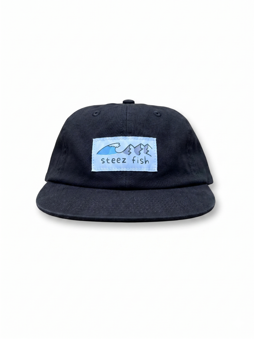 black cap with a blue logo on a white background