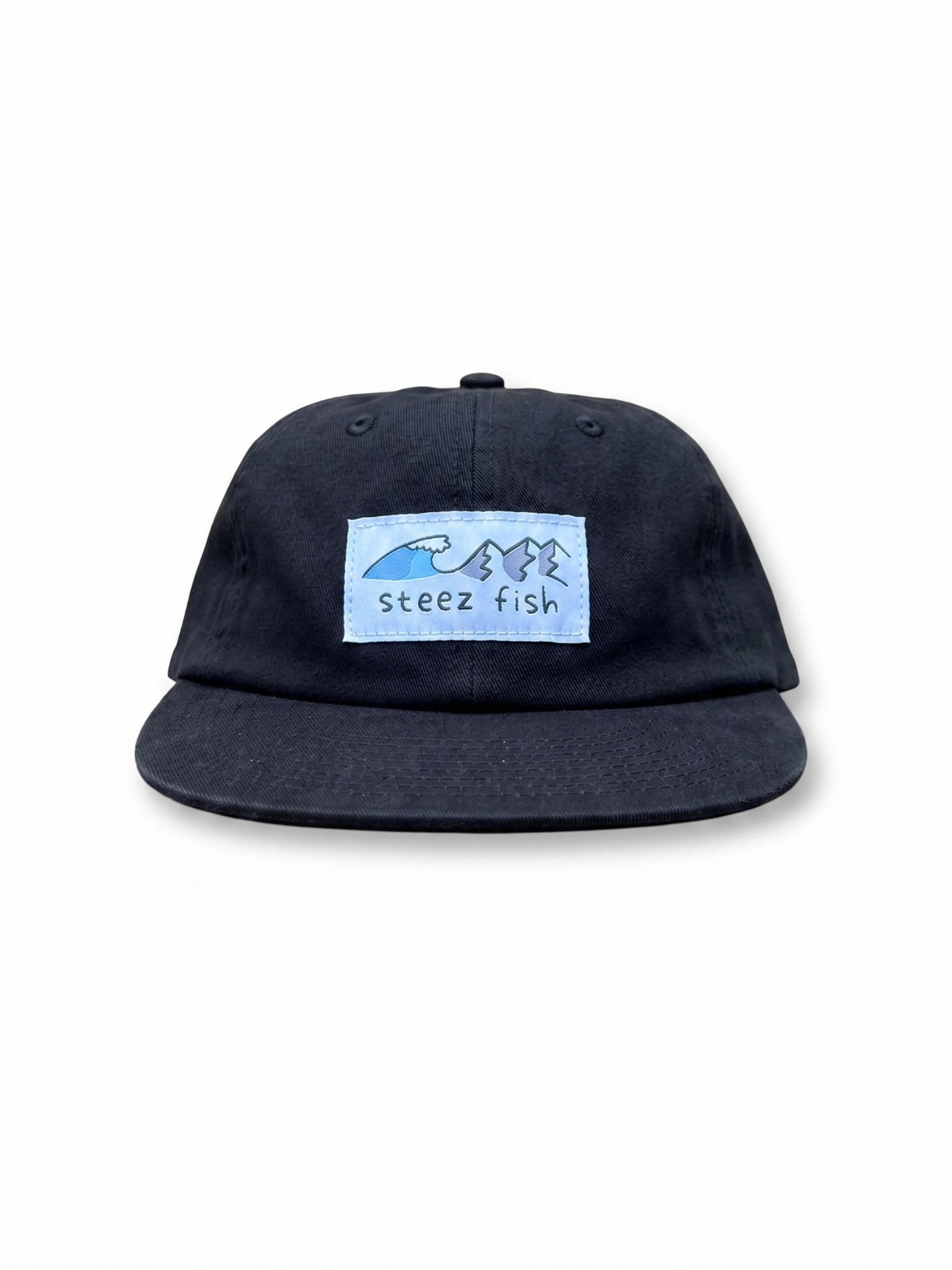 black cap with a blue logo on a white background