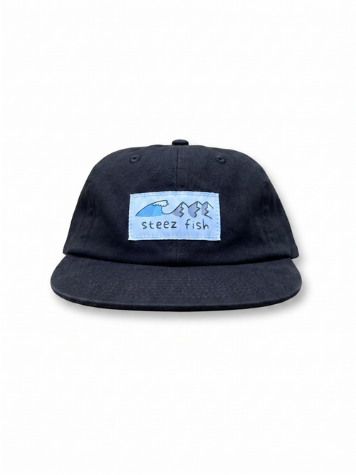 black cap with a blue logo on a white background