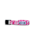 Pink floral-patterned belt with a black buckle on a white background