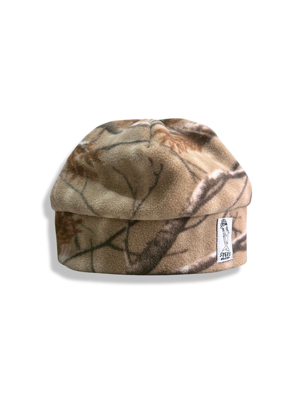 Camouflage-patterned beanie with a brand label on a white background