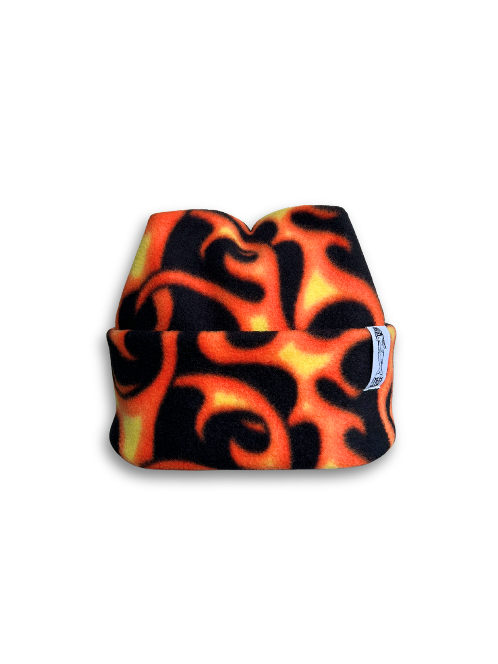 Flames fleece beanie with white fish tag