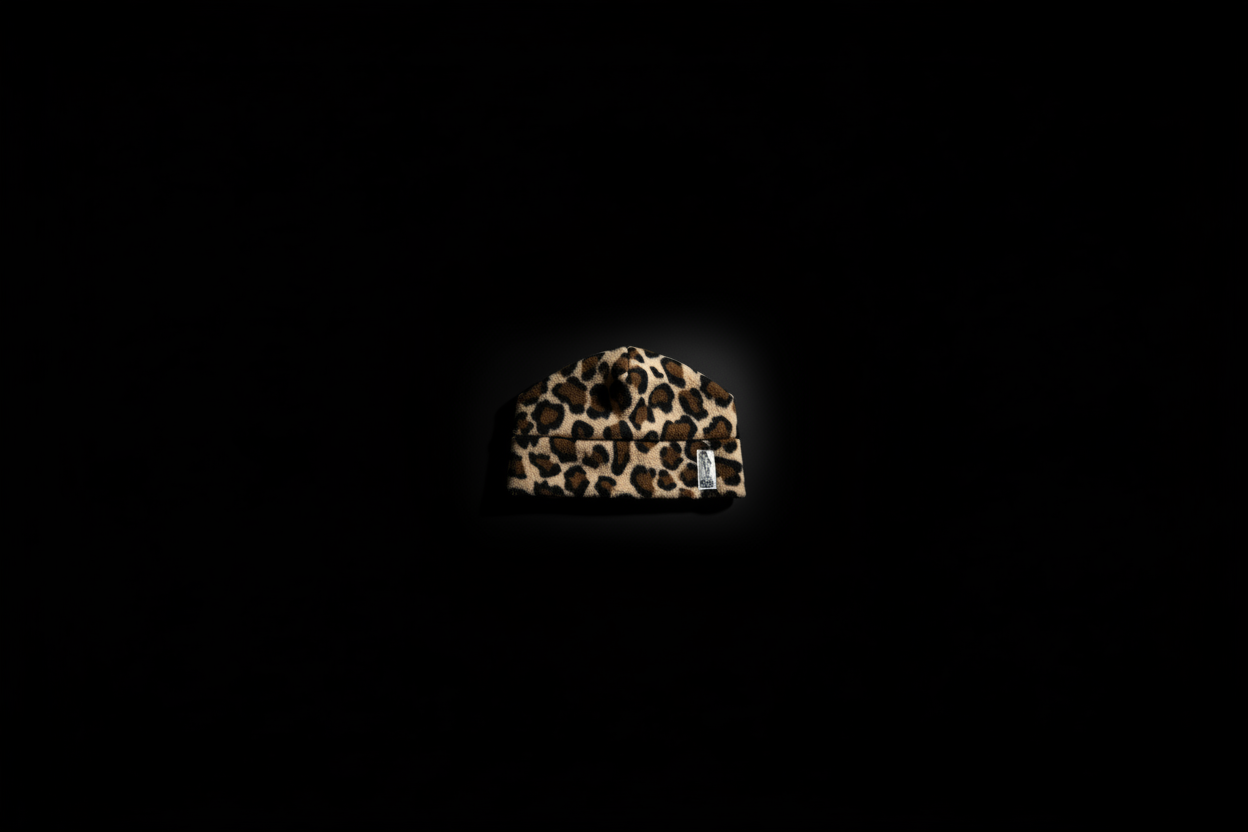 Leopard print beanie with cinematic lighting