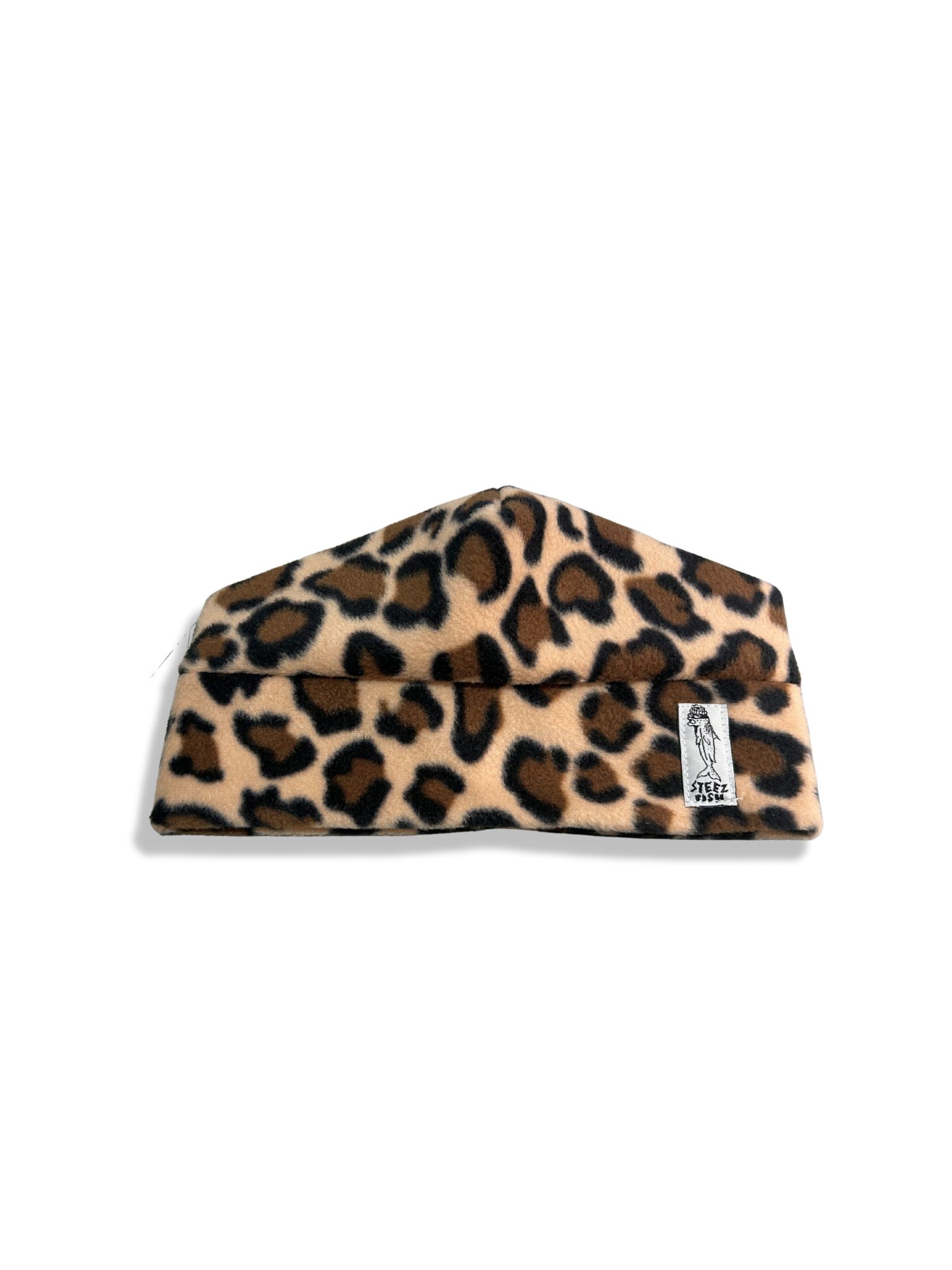 Leopard print fleece beanie with a brand label on a white background