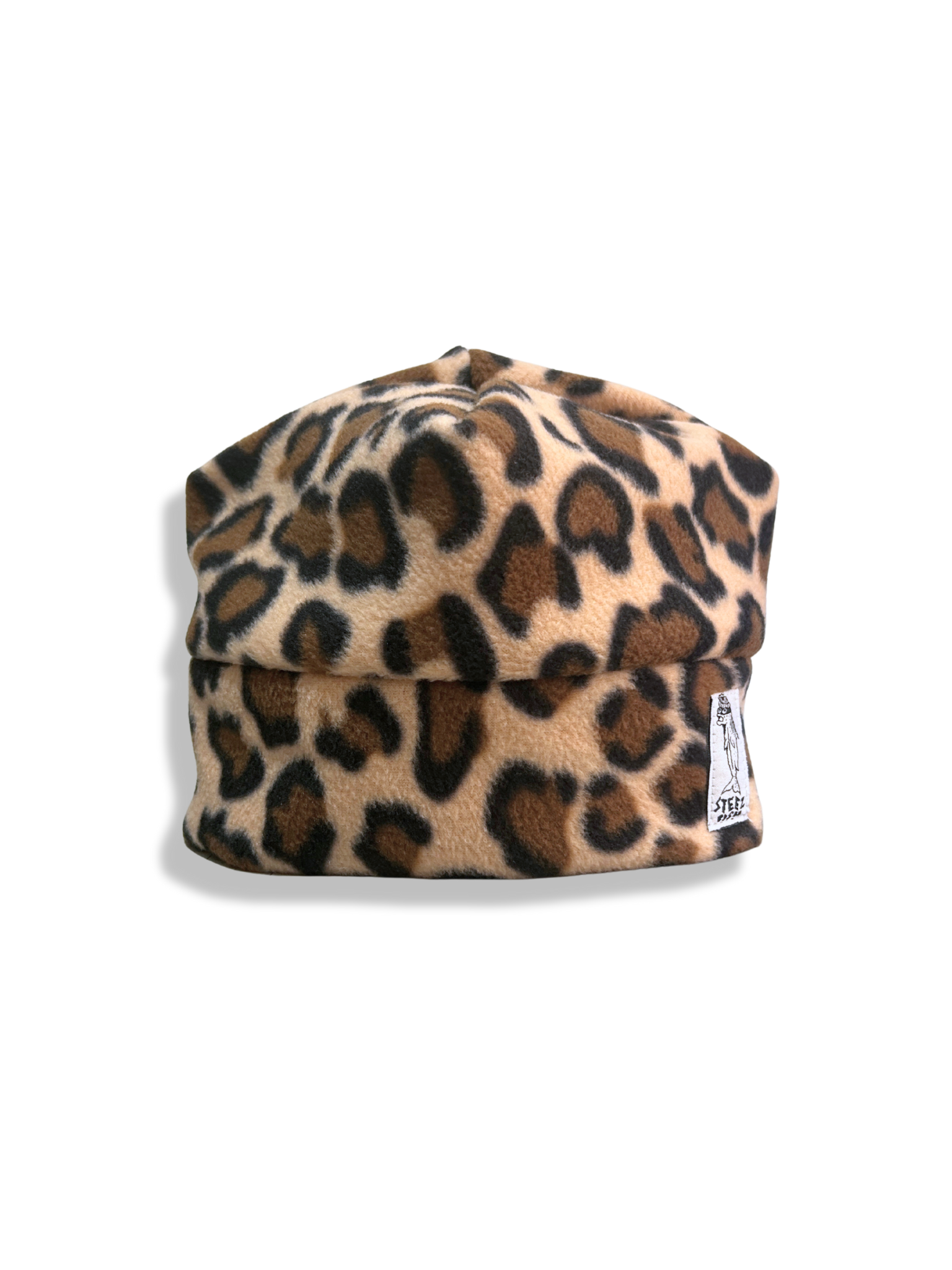 Leopard print beanie with a brand label on a white background