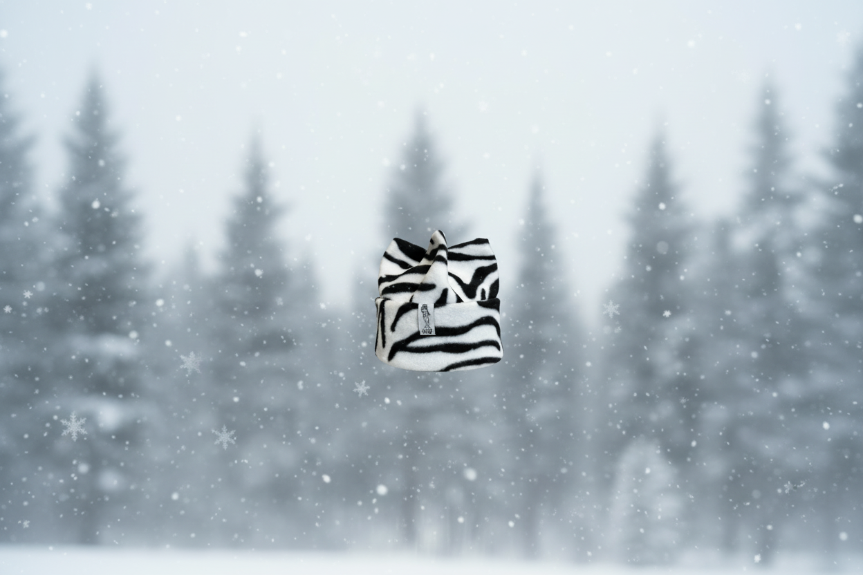 Zebra fleece beanie falling with reduced motion blur
